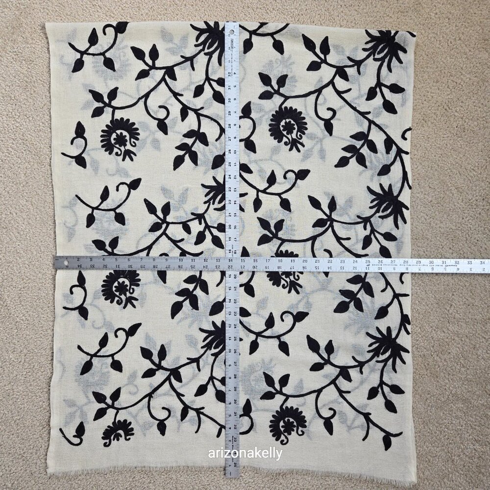 Ivory Wool Scarf with Black Chain Stitch Embroidery - Picture 7 of 14
